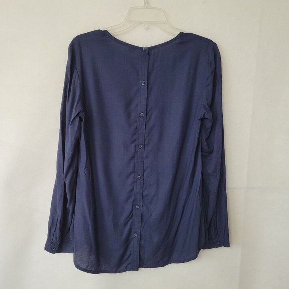 S Oliver Top Women 10 Navy Blue Button‎ Back Long Sleeve Blouse Pleated - Picture 9 of 14